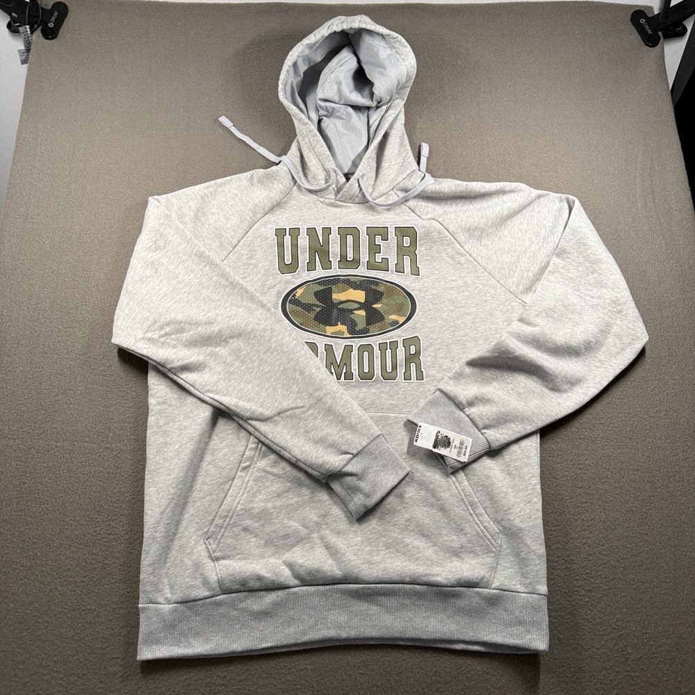 Under Armour Rival Fleece Hoodie Mens Medium Gray Camo Logo Pullover 5160